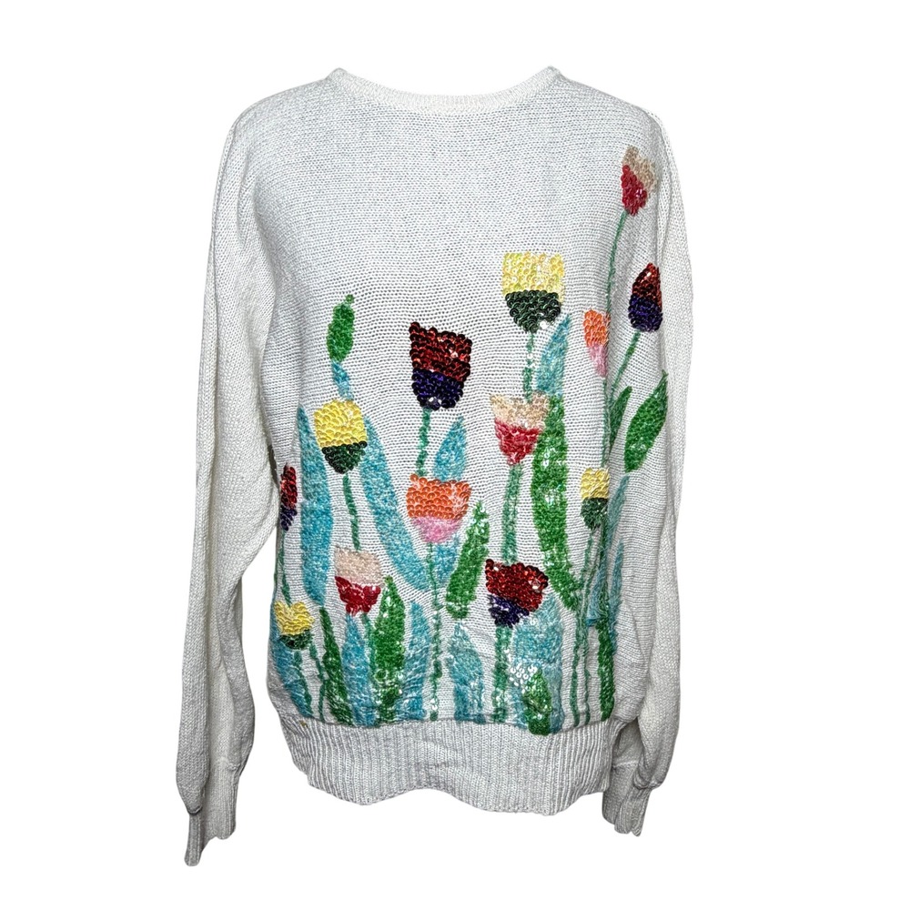 VTG Cervelle White Knit Sequin Floral Sweater Womens‎ L Grannycore Cottagecore
